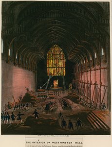 Interiér Westminster Hall, jak to vypadalo, když byly budovy parlamentu zničeny požárem od English School