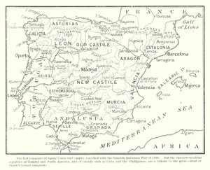 Poslední zbytky kdysi rozsáhlého španělského impéria zanikly se španělsko-americkou válkou v roce 1898 (litografie) od English School