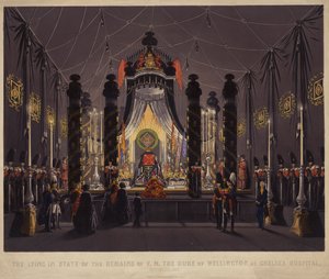 Ležící ve stavu ostatků F M vévody z Wellingtonu v nemocnici Chelsea, listopad 1852 (barevná rytina) od English School