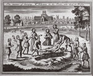 Způsob pohřbívání Wm Wisemana na polích, který zemřel ve vězení, ilustrace z Foxes Martyrs c.1703 od English School
