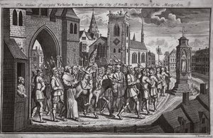 Způsob přepravy Nicholase Burtona přes město Sevilla na místo jeho mučednické smrti, ilustrace z Foxes Martyrs c.1703 od English School