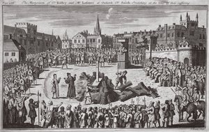 Mučednická smrt doktora Ridleyho a pana Latimera v Oxfordu, doktor Smith káže v době jejich utrpení, ilustrace z knihy "Foxes Martyrs", cca 1703 (litografie). od English School