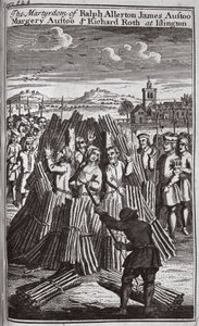 Umučení Ralpha Allertona Jamese Austoo, Margery Austoo a Richarda Rotha v Islingtonu, ilustrace z knihy "Foxes Martyrs", cca 1703 (litografie) od English School