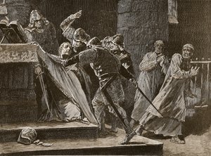 Zavraždění Becketa v katedrále v Canterbury, ilustrace z Cassells Illustrated History of England (sépiová fotografie) od English School
