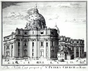 Severovýchodní vyhlídka kostela sv. Petra v Římě, vyrytý H. Hulfberghem od English School