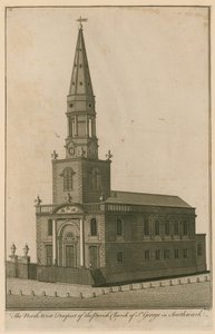Severozápadní vyhlídka farního kostela svatého Jiří v Southwarku v Londýně od English School