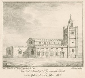 Starý kostel St Giles in the Fields, Londýn, jak se objevil v roce 1718 od English School