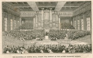 Orchestr v Exeter Hall, Londýn, během setkání Sacred Harmonic Society od English School