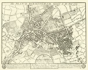 Plán Birminghamu, zkoumaný v roce 1731 od English School