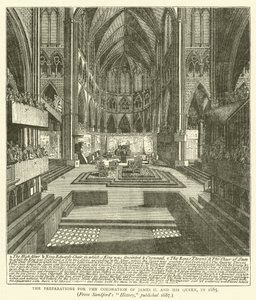 Přípravy na korunovaci Jakuba II. a jeho královny v roce 1685, ze Sandfordovy „Historie“, vydané 1687 (rytina) od English School