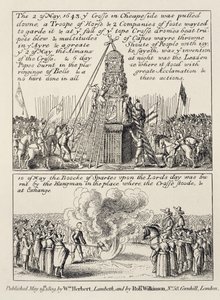 Stržení kříže v Cheapside obrazoborci a puritány a spálení Knihy sportů při stejném sportu následující neděli v květnu 1643, 1809. od English School