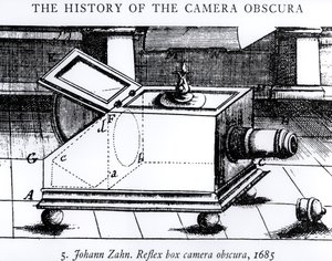 Reflexní box camera obscura od Johanna Zahna, 1685, z Historie Camera Obscura od English School