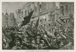 Nepokoje ve West Endu v Londýně, 8. února 1886: Tady oni přicházejí! - Dav v St Jamess Street v Londýně od English School