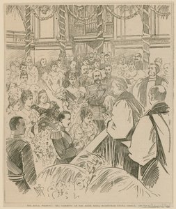 Královská svatba, obřad u oltářních zábradlí, kaple Buckinghamského paláce, 23. července 1896 od English School