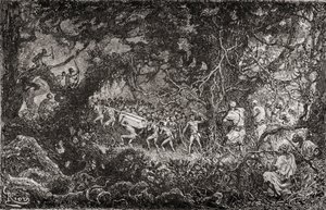 Průzkumníci z expedice sira Henryho Mortona Stanleyho Emin Paša v Africe v roce 1888 objevili Pygmeje, kteří odnášeli bednu s municí, vydáno 1890. od English School