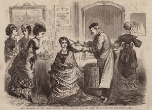 Stříhání stáda, mladé dámy, které se kvůli papeži nechaly přimět k tomu, aby se rozloučily se svými vlasy (rytina) od English School