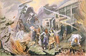 Ještě téže noci celé místo vyletělo do povětří, asi 1880 (tužka a tuš s čb na papíře) od English School