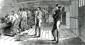 Umývárna v podpalubí – transport odsouzených odborářů do Austrálie, ilustrovaný v The Martyrs of Tolpuddle, publikovaném Trades Union Congress, 1834 od English School