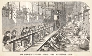 Dílna v rámci tichého systému ve věznici Millbank, ilustrace z knihy The Criminal Prisons of London and Scenes from Prison Life od Henryho Mayhewa a Johna Binnyho, vyd. 1862 od English School