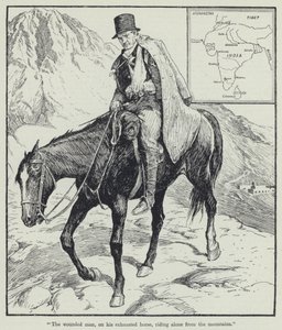 "Zraněný muž na vyčerpaném koni jede sám z hor" (litografie) od English School