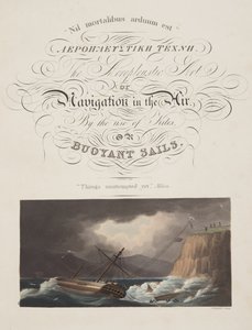 „Dosud se o věci pokusilo“, Milton, frontispis z „Aeropleustic Art, or Navigation in the Air, by Use of Kites, or Buoyant Sails, pub. 1827 (ručně kolorovaná akvatinta) od English School