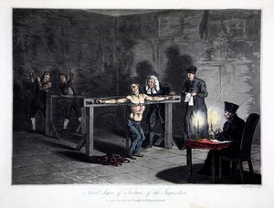 Třetí stupeň mučení inkvizice, vyryl L.C. Stadler, hospoda. Cadell & Davies, Londýn, kolem roku 1813 (barevná rytina) od English School