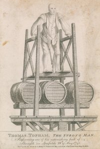 Thomas Topham, silný muž, předvádějící jeden ze svých úžasných výkonů síly ve Spitalfields, 28. května 1741 od English School