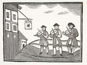 Tři fidleri v Thames Street, kteří si ráno zahráli ženicha, který jim nedal nic pít, ilustrace z Chap-books of the Eighteenth Century od Johna Ashtona, hospoda. 1882 od English School