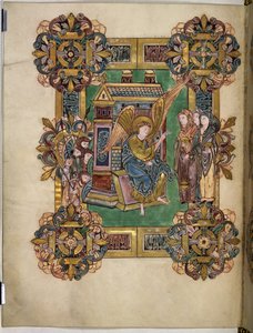 Tři Marie u hrobu, z Benedikcionálu svatého Æthelwolda, asi 963-984 (tuš a zlato na pergamenu) od English School