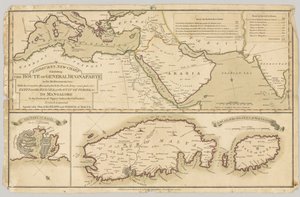 Tři tištěné barevné mapy: Fairburns New Chart ukazující cestu generála Bonaparta ve Středozemním moři, 1798 od English School