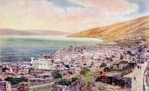 Tiberius a Galilejské jezero, Izrael, kolem roku 1910 (barevné lito) od English School
