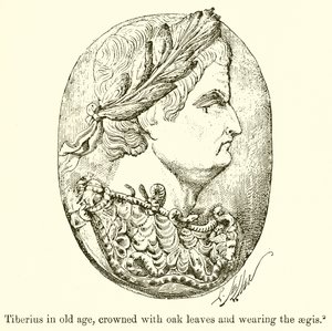 Tiberius ve stáří, korunovaný dubovými listy a nosící Egídu od English School