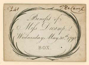 Vstupenka do divadla Drury Lane, Londýn: Benefit of Miss Decamp, 30. května 1798 od English School