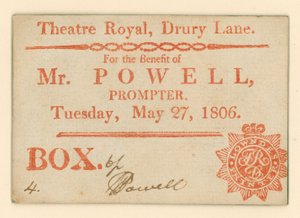 Vstupenka do divadla Drury Lane, Londýn: Ve prospěch pana Powella, prompter, 27. května 1806 od English School