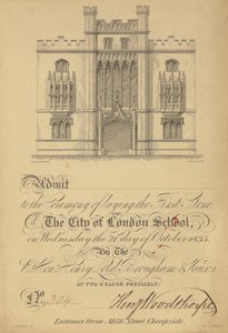 Vstupenka na položení prvního kamene City of London School, 21. října 1835 od English School