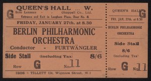 Vstupenka na koncert Berlínské filharmonie, Queens Hall, Londýn pátek 27. ledna 1928 od English School