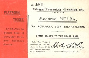 Vstupenka k poslechu Nellie Melba na mezinárodní výstavě v Glasgow, 1901 (tisk) od English School