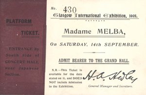 Vstupenka k poslechu Nellie Melba na mezinárodní výstavě v Glasgow, 1901 (tisk) od English School