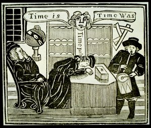 Čas je, čas byl, kopie ilustrace z Dějin učeného mnicha Bacona použité ve sbírce sešitů o esoterice. od English School