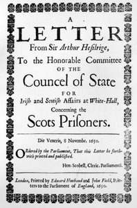 Titulní strana dopisu od sira Arthura Hesilrige týkajícího se skotských vězňů, od sira Arthura Hesilrige, vydáno 1650 (tištěný papír) od English School