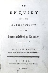 Titulní strana pro dotaz na pravost básní připisovaných Ossianovi Williamem Shawem, vydaná 1781 (tištěný papír) od English School