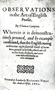 Titulní strana pro pozorování v umění anglické poesie od Thomase Campiona, vydaná 1602 (tištěný papír) od English School