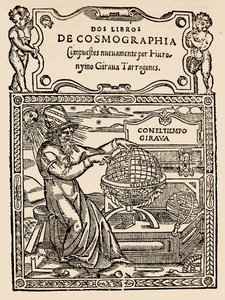 Titulní strana pro dvě knihy kosmografie od Hieronyma Girana Tarragonese, z Narativní a kritické historie Ameriky, editoval Justin Winsor, Londýn, 1886 (dřevotisk) od English School