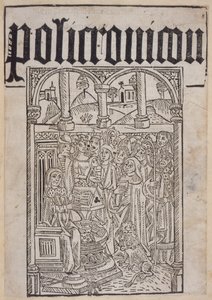 Titulní strana z Polychronikonu od Ranulf Higden († 1364), tisk Wynkyn de Worde, 1495 od English School