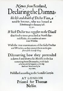 Titulní strana Novinky ze Skotska, deklarující zatracený život a smrt doktora Fiana, 1591 od English School