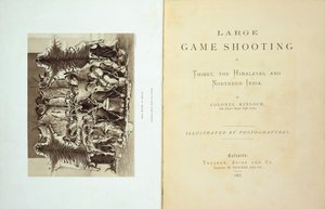 Titulní strana a frontispis Velké herní střelby v Tibetu, Himalájích a severní Indii od plukovníka Alexandra Kinlocha, vydáno 1885 od English School