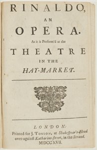 Titulní strana z libreta Händelovy opery „Rinaldo“, od Giacoma Rossiho, 1717 od English School
