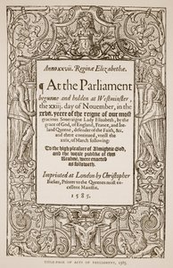 Titulní strana zákonů parlamentu, tisk Christopher Barker (1528-99), 1585 (sépiová fotografie) od English School