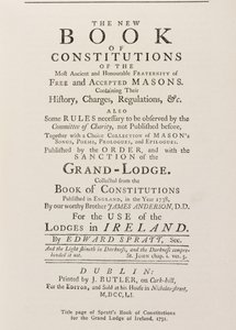 Titulní strana Spratts Book of Constitutions pro Grand Lodge v Irsku, 1751 od English School