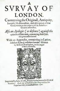 Titulní strana knihy A Survey of London od Johna Stow, publikovaná v roce 1598 (tištěný papír)